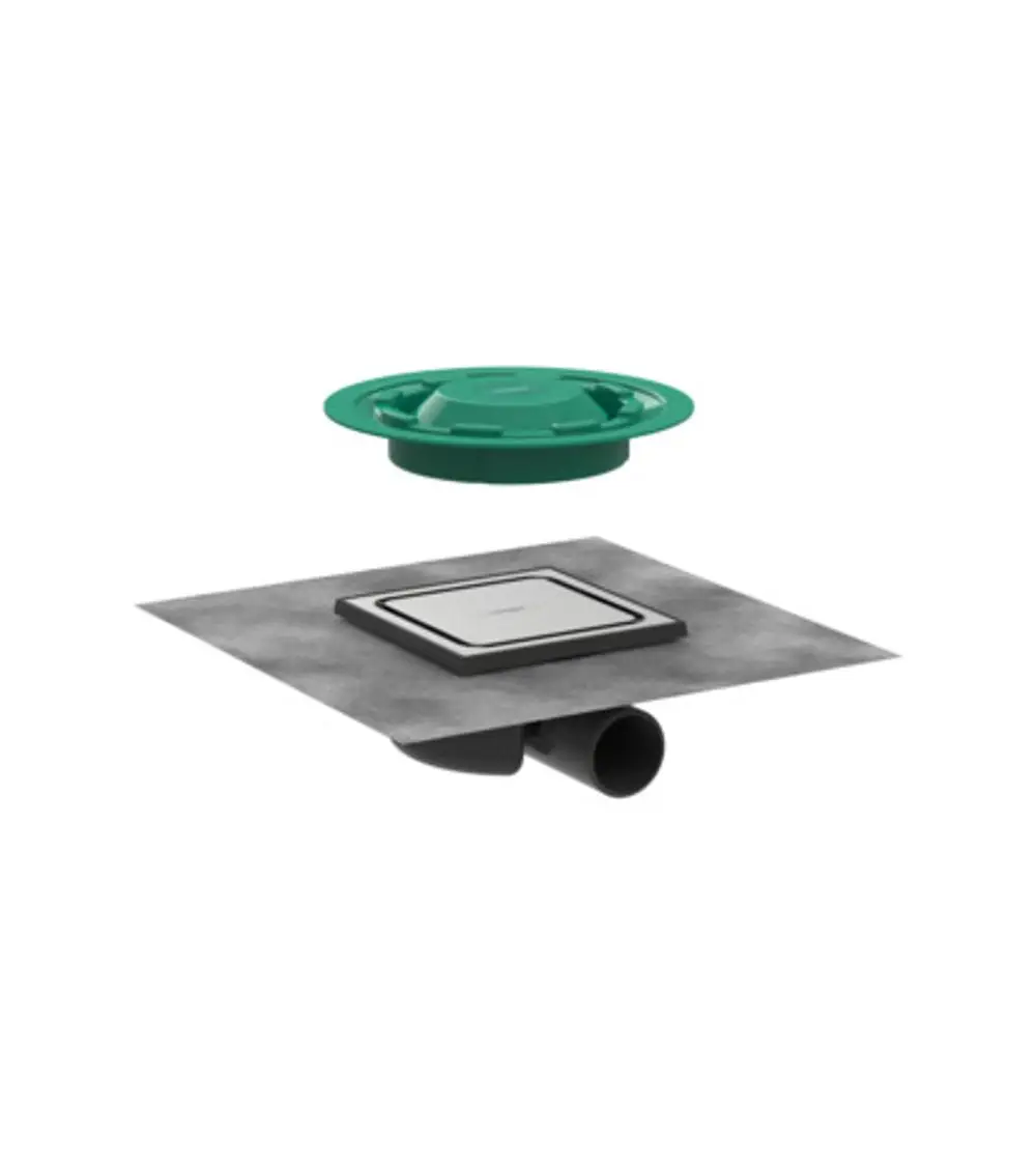 Hansgrohe Ablaufset bestehend aus einer runden Abdeckung in Grün, einer quadratischen Einlage in Edelstahl und einem darunter liegenden Rohrsystem, montiert auf einer flachen Oberfläche.